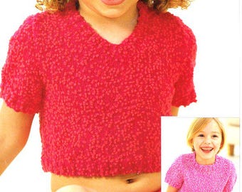 Girls Summer Sweater Top Short Sleeve Round or V Neck  22"-32" ~ 2 - 12 Years DK 8Ply Light Worsted Knitting Pattern pdf  Download
