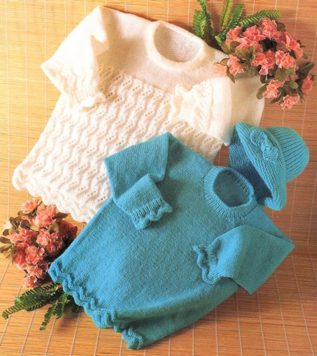 Baby Sweater Jumper Lacy & Plain Stocking Stitch Cloche Hat Wavy