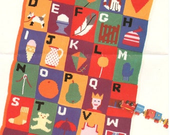 Easy ABC Alphabet Pictorial Squares Baby Blanket Quilt Afghan 50&quot; x 32&quot; ~ DK 8 Ply Light Worsted Knitting Pattern PDF Instant Down load