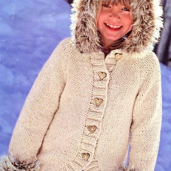 Girls Chunky Coat Jacket Hood Fur Trim Stocking Stitch Raglan 22" - 32" Chunky 12 Ply Worsted Knitting Pattern pdf Instant Download