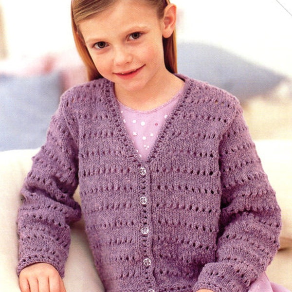 Easy Knit Girls V Neck Cardigan Childs Cardigan Childrens 22-32" ~ 2 - 13 years ~ DK Wool 8ply Light WorstedKnitting Pattern pdf  Download