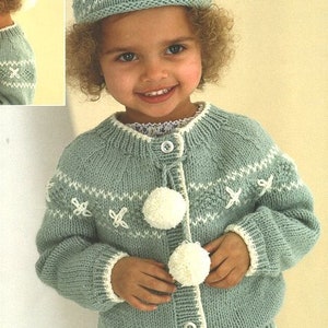 Girls  Aran 2 Colour & Single Colour Pom Pom Cardigan and Matching Hat 22&quot;- 30&quot;  ~ Aran 10 Ply Worsted Knitting Pattern pdf Download