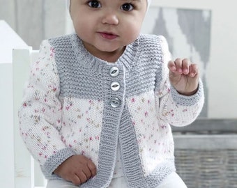 Easy Baby Cardigan Round Neck Garter Yoke Long or Short Sleeve 14 - 22&quot;  ~ DK Wool 8ply Light Worsted Knitting Pattern pdf Download