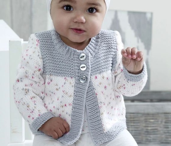 Easy Baby Cardigan Round Neck Garter Yoke Long or Short Sleeve 14 - 22"  ~ DK Wool 8ply Light Worsted Knitting Pattern pdf Download