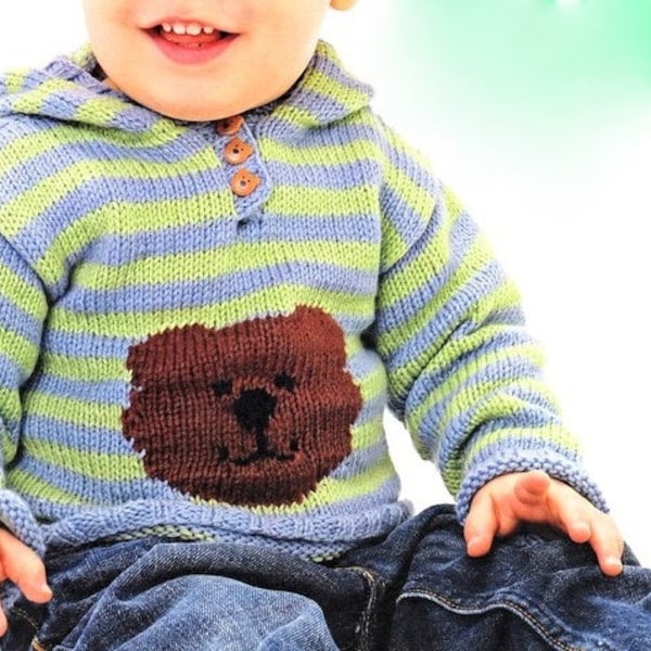 Striped Hooded Hoodie Sweater Teddy Bear Motif Boys Girls 16"- 22" ~  DK 8 Ply Light Worsted Knitting Pattern PDF Download