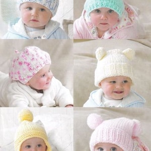 May include: Five different knitted baby hats in various colours and styles. The hats are made with chunky yarn and feature pom-poms, ear flaps, and different stitch patterns. Chunky Birth - 5 years.