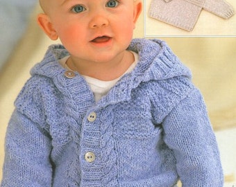 Hooded Cable Buttoned Jacket & Textured Sweater 16"- 26"   ~ 0 - 6 Years  DK 8 Ply Light Worsted Knitting Pattern PDF Instant Download