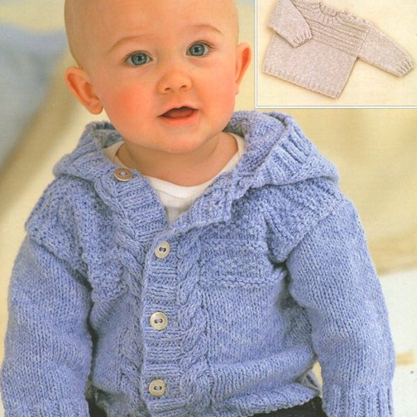 Hooded Cable Buttoned Jacket & Textured Sweater 16"- 26"   ~ 0 - 6 Years  DK 8 Ply Light Worsted Knitting Pattern PDF Instant Download