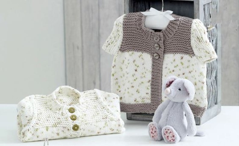 Easy Baby Cardigan Round Neck Garter Yoke Long or Short Sleeve 14 - 22" ~ DK Wool 8ply Light Worsted Knitting Pattern pdf Download image 2