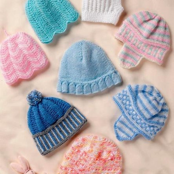 Baby Hats  - Pixie - Bluebell -  Balaclava -  Bobble - Ribbons Bows -  Stripes 0 - 1yr DK 8 Ply Light Worsted Knitting Pattern pdf Download