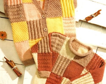 Baby Toddler Patchwork Sampler Cardigan Roll Neck Sweater & V Neck Waistcoat 20-30" DK Wool 8ply Light Worsted Knitting Pattern pdf Download