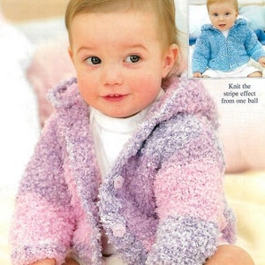 May include: A baby wearing a purple and pink striped hooded cardigan with buttons. The cardigan is made from a fluffy yarn. The text "Knit the stripe effect from one ball" is visible in the image.