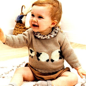 Baby Round Button Neck Sweater Jumper Sheep Motif    18"- 21"  6mths - 3 yrs ~ DK 8 Ply Light Worsted Knitting Pattern pdf  download
