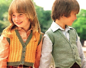 Childs V Neck Waistcoat Vest Plain Pointed Front & Cable Rib Girls Boys  24 - 28" ~ DK 8 ply Light Worsted Knitting Pattern pdf download