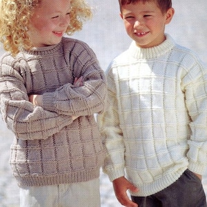 Childrens Sweaters Drop Sleeve Roll or Crew Neck Squares Textured  22-30" DK 8 Ply Light Worsted Knitting Pattern pdf Instant Download