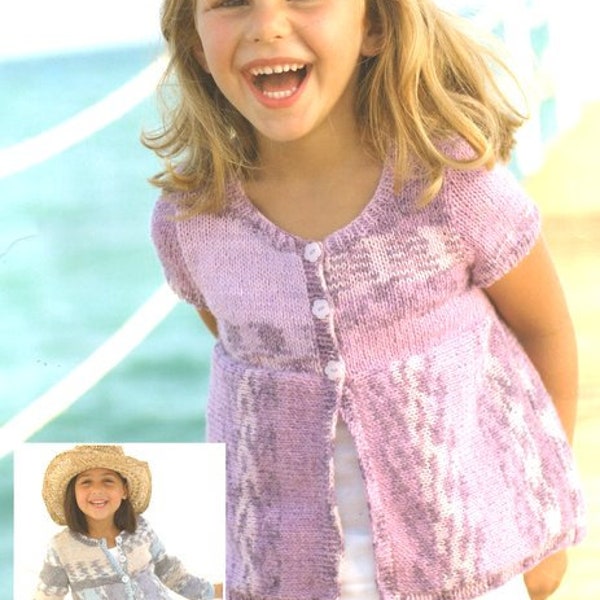 Easy Knit Girls Round Neck Cardigan Jacket Long or Short Sleeve  22-32" ~ 2 - 13 years ~ DK Wool 8ply Knitting Pattern pdf Instant Download
