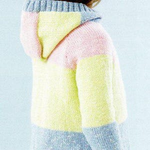 May include: A multi-colored knitted hoodie in pastel shades of pink, yellow, and blue. The sweater features a hood and long sleeves. The design is a mix of horizontal color blocks, creating a cozy and stylish look.