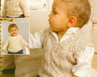 Cable Slipover Tank Top V Neck Collar Sweater Boys Girls 16 -26" 0-7 Years ~ DK 8 Ply Light Worsted Knitting Pattern pdf Instant Download