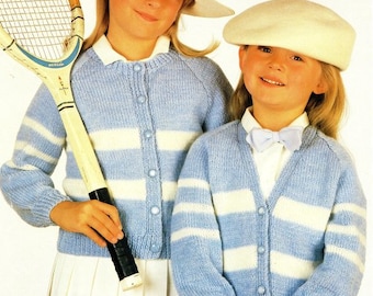 Girls Striped Raglan Cardigan Round or V Neck 20-30"  1 - 10 years~ DK Wool 8ply Light Worsted Knitting Pattern pdf Download