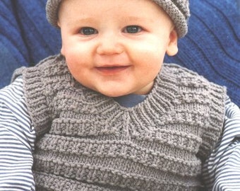 Baby Toddler Sleeveless Slipover Textured- V Neck Sweater -Hat  Boys Girls  22-32" Aran 10 Ply Worsted Knitting Pattern pdf Instant Download