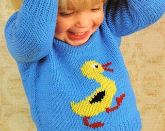 Sweater Baby Children Knitting Pattern Duck Chicken Bird Motif Picture Sweater 18" - 24" 8 Ply DK Light Worsted PDF Instant download