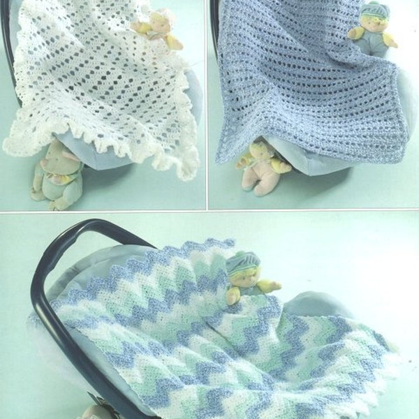 Crochet Pram Blankets Plain Frilled Striped 19" x 24" ~ DK 8 Ply Light Worsted Knitting Pattern pdf instant download