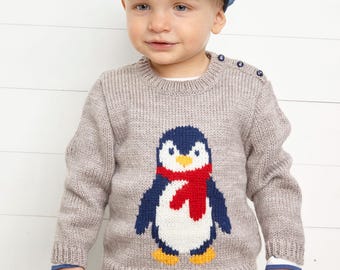 Penguin Motif Round Button Neck Sweater Jumper Boys Girls  6mths - 4 yrs ~ Aran 10 Ply Worsted Knitting Pattern pdf  download