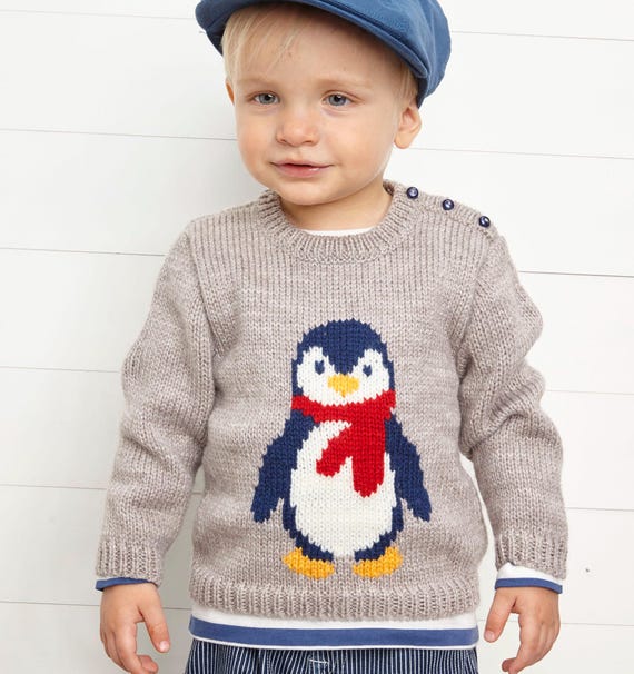 Penguin Motif Round Button Neck Sweater Jumper Boys Girls 6mths