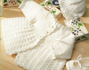 Crochet Matinee Coat Jacket & Bonnet One Size 18 - 19 "  3 Ply Crochet Pattern PDF Instant Download.