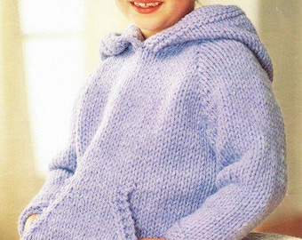 Easy Plain Hooded Sweater with Pouch Pocket & V Neck Sweater Boys Girls 22"- 32" ~  Chunky2 Ply Knitting Pattern PDF Download