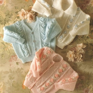 Girls Bobble Cardigan  V Round Neck & Collar Sweater Embroidered Flowers 16 - 26&quot;  DK 8 Ply Light Worsted Knitting Pattern pdf  Download