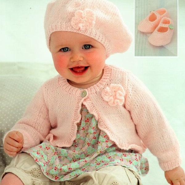 Baby Girls Cardigan Round Neck Frill Edge, Beret, Flower & Shoes Mary Janes 16" - 26" DK 8 Ply Light Worsted Knitting Pattern PDF download