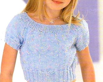 Girls Summer Top Crop Top Short Sleeve Top Sweater Childrens   24-32" ~ DK wool 8ply Light Worsted Knitting Pattern pdf Instant Download