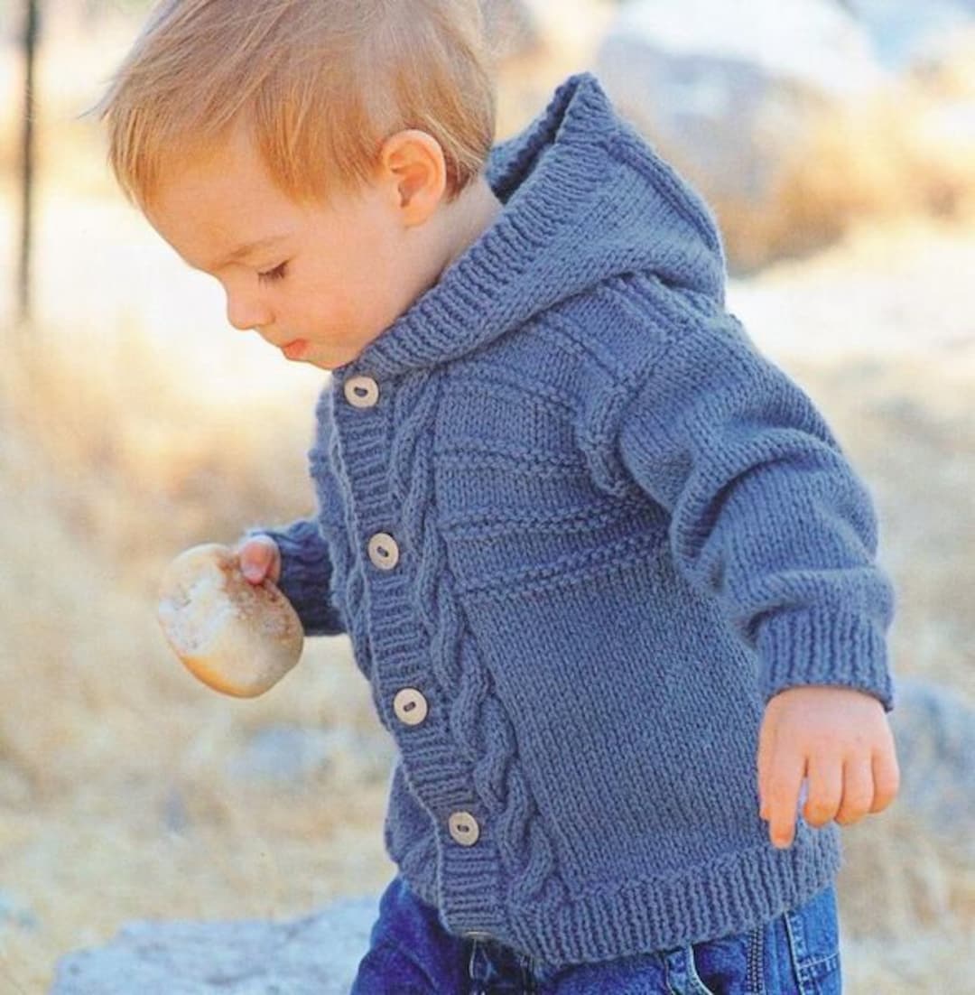 Childs Easy Cable Round Neck Cardigan Collar or Hooded Jacket