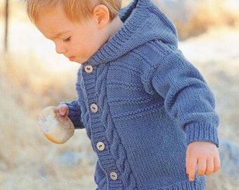 Childs Easy Cable Round Neck Cardigan Collar or Hooded Jacket Boys Girls 18-28" Knitting Pattern pdf  Aran 10 Ply Worsted  Instant Download