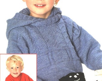 Childs Guernsey Sweater Gansey Style Round Neck Textured Hood Option 20 - 30" ~ DK 8 Ply Light Worsted Knitting Pattern pdf Instant Download