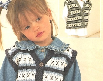 Childrens Stripe Fair Isle Waistcoat Cross Stitch Embroidery  20-30"  DK 8 Ply Light Worsted Knitting Pattern pdf  Download