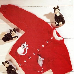 Baby Childrens Toddler Sweater Knitting Pattern Cat Motif and Little Pocket Mouse 20&quot;- 26&quot; 1-7 yrs 8 Ply DK PDF Instant download