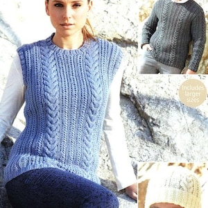 Larger Sizes Slipover Vest Tank Top  & Sweater Round Neck Jumper with Hat 32- 54" Aran 10 Ply Worsted Wool Knitting Pattern PDF download