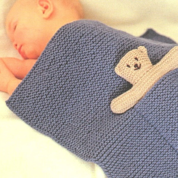 Easy Beginner Garter Stitch Baby Blanket with Pocket Teddy  18 x 24"  ~ Aran 10 Ply Worsted  Knitting Pattern PDF  Download