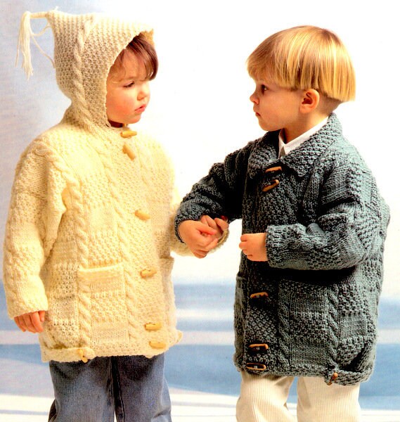 Childrens Aran Cable Patchwork Duffle Coat Jacket with Collar or Hood ~ 20" - 30" Aran 10 Ply Worsted Knitting Pattern pdf Instant Download