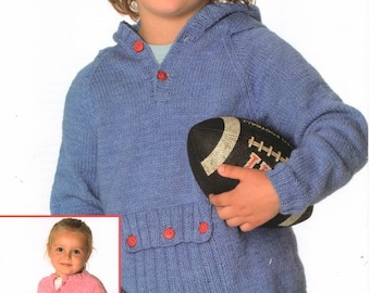 Sweater Hood Hoodie or Round Button Neck Pocket Boys Girls Childs 16"-26" ~ DK 8 Ply Light Worsted Knitting Pattern pdf Instant Download