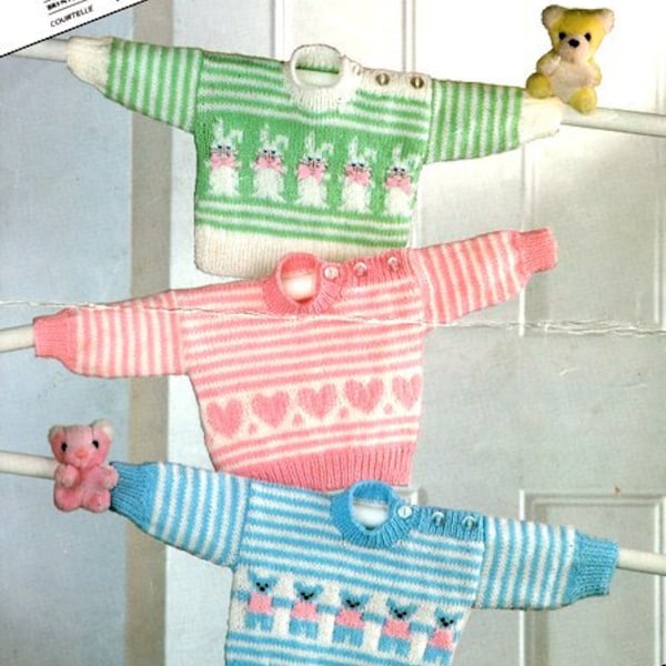 Motif Baby Sweater Jumper Teddy Bunny Rabbit Heart Stripe Button Shoulder 16 -20" DK 8 Ply Light Worsted Knitting Pattern PDF download
