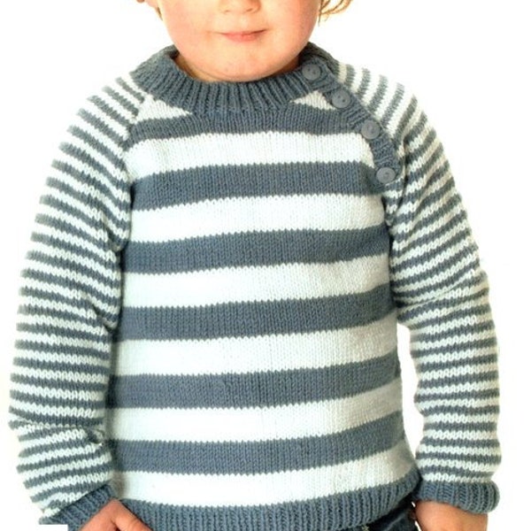 Stripey Round Neck Sweater Jumper Shoulder Button Opening 20"- 26"  1 -7 years ~ DK 8 Ply Light Worsted Knitting Pattern pdf  download