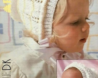 Vintage Baby Bonnet Plain or Coloured - Ribbon Tie  0 - 10 Years ~ DK 8 Ply Light Worsted Knitting Pattern pdf instant download