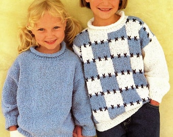 Girls Plain & Patchwork Sweater Roll Neck Drop Sleeve  22 - 30" DK 8 Ply Light Worsted Knitting Pattern pdf  Download
