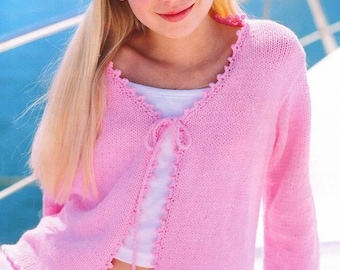 Easy Knit Girls V Neck Plain Cardigan Jacket Cord Tie Front Picot Edge  22-32" ~ 2 - 13 years ~ DK Wool 8ply  Knitting Pattern pdf  Download