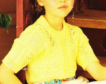 Girls Summer Top Short Sleeve Top Sweater Round Neck Lace Panels  24-32" ~ DK wool 8ply Light Worsted Knitting Pattern pdf  Download