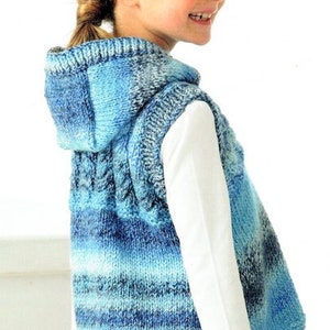 Easy Chunky Hooded Top Sleeveless Jacket Gilet Hoodie Hoody Boys Girls 22&quot; - 32&quot; Chunky 12 Ply Knitting Pattern PDF  download