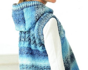 May include: A blue and white striped knitted vest with a hood. The vest has a cable knit pattern and is sleeveless.